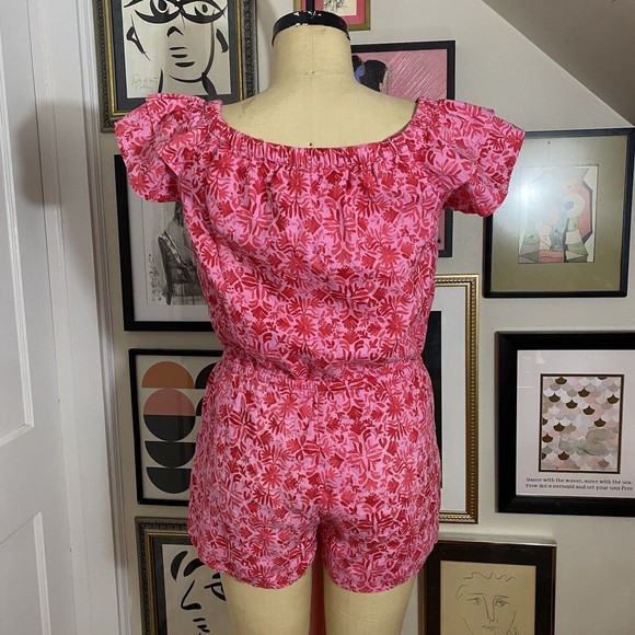 Vineyard Vines women's pink/red tile Otomi off the shoulder romper sz med - Picture 5 of 9